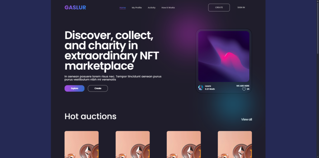 NFT marketplace website mockup with user interface, call-to-action, and sections for digital collections – Web Design, Video Editing, and Graphic Services Web Designer Freelance