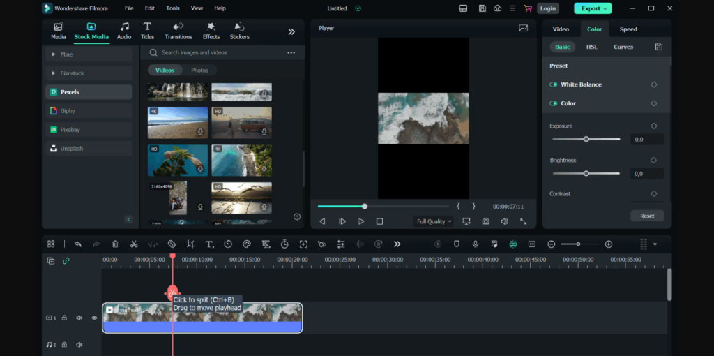 Filmora interface for professional video editing – tools, timeline, and stock media – Web Design, Video Editing, and Graphic Services