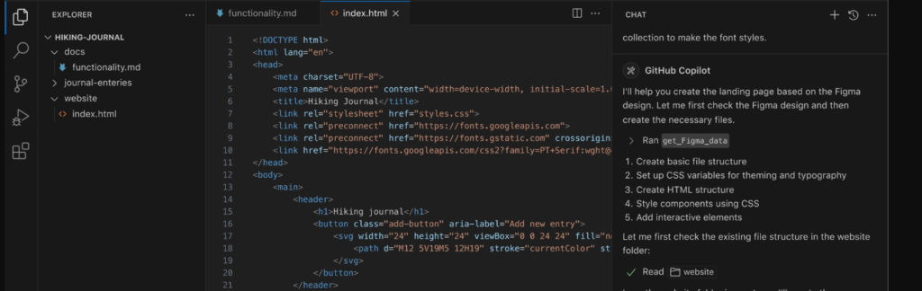 Source code for hiking journal – web project managed through Visual Studio Code – Web Design, Video Editing, and Graphic Services