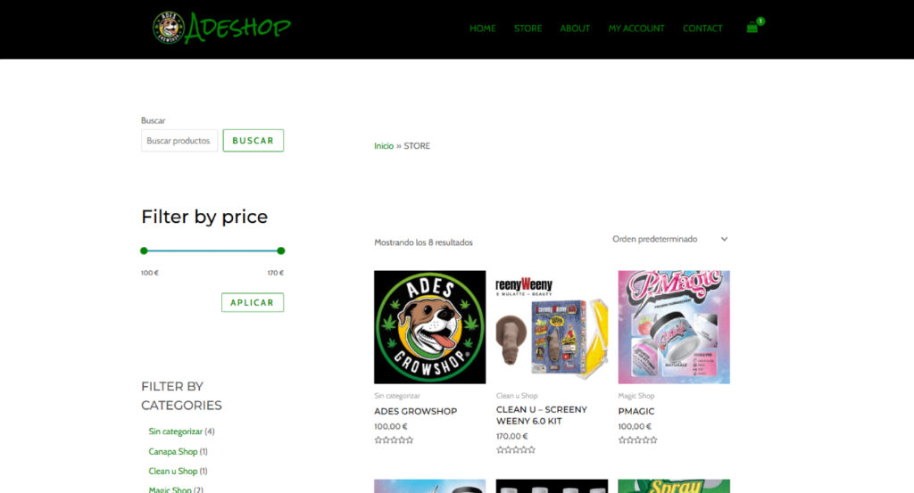 E-commerce website design for ADESHOP online store with product listings, categories, and filters